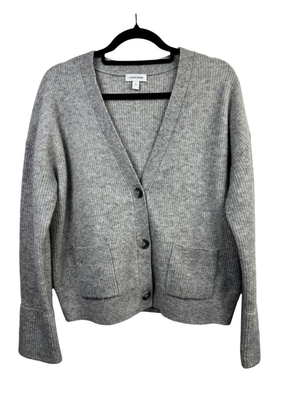 Nordstrom Womens Ribbed Gray Alpaca Wool Blend Cardigan Sweater Medium Pockets